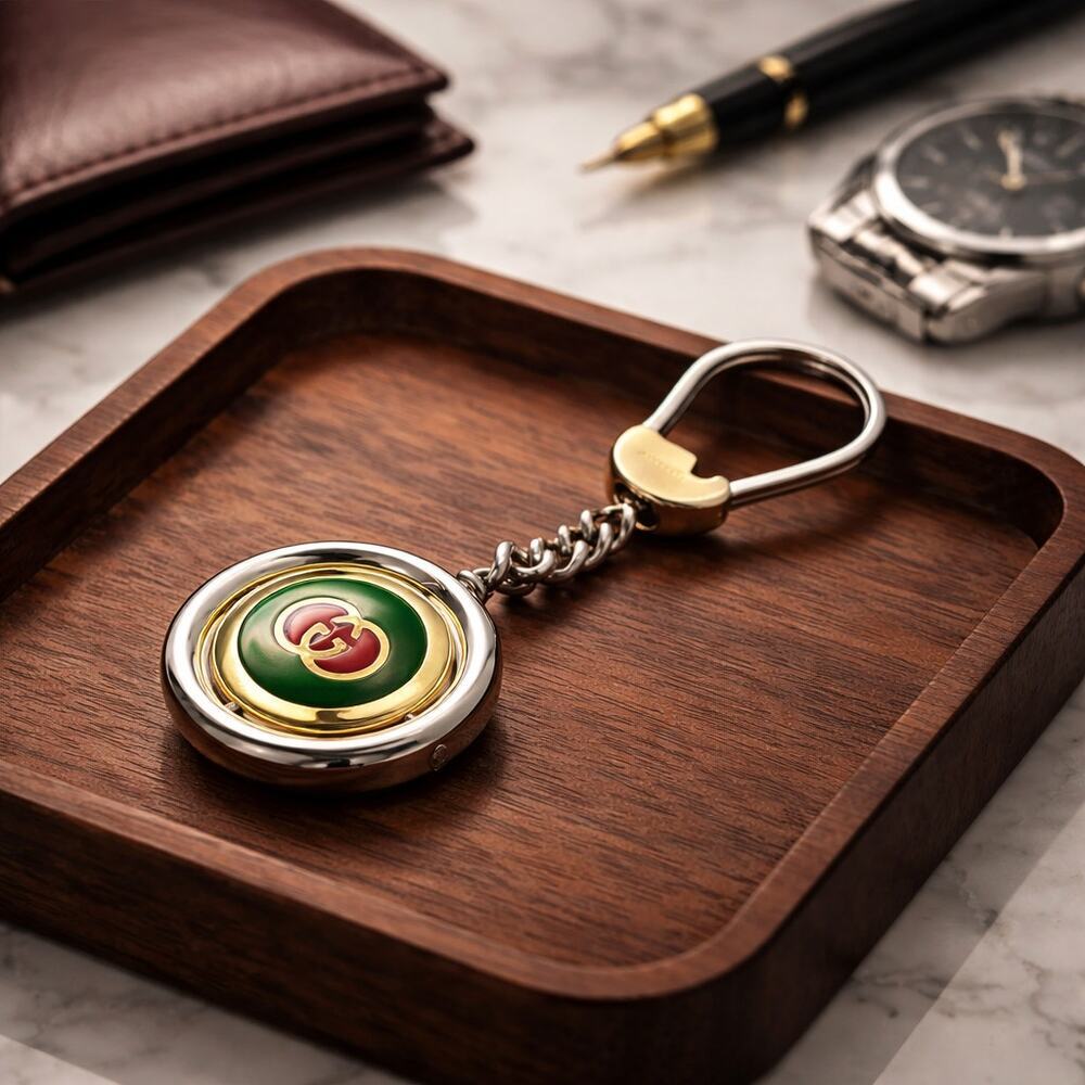 Vintage Gucci Round GG Enamel Keychain Two-Tone Green Red Made in Italy